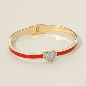 Red CZ Stone Heart Stainless Steel Bangle Bracelet Jewelry Hinged